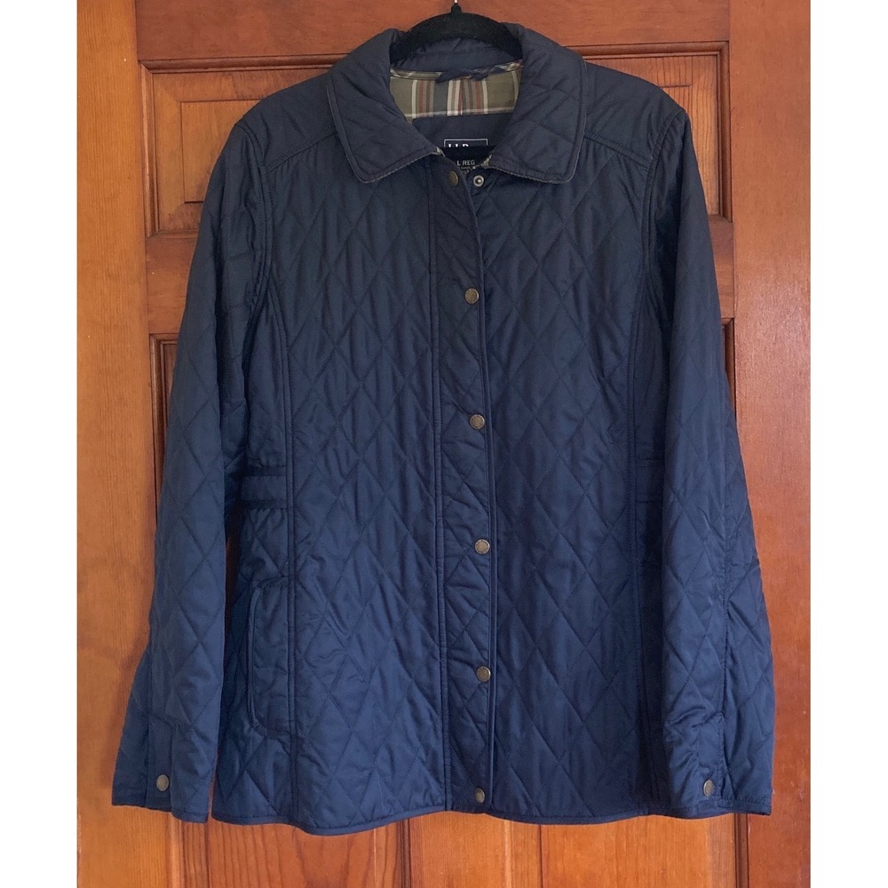 LL Bean Womens L Navy Blue Quilted Insulated Plaid Lined Barn Jacket Coat Preppy